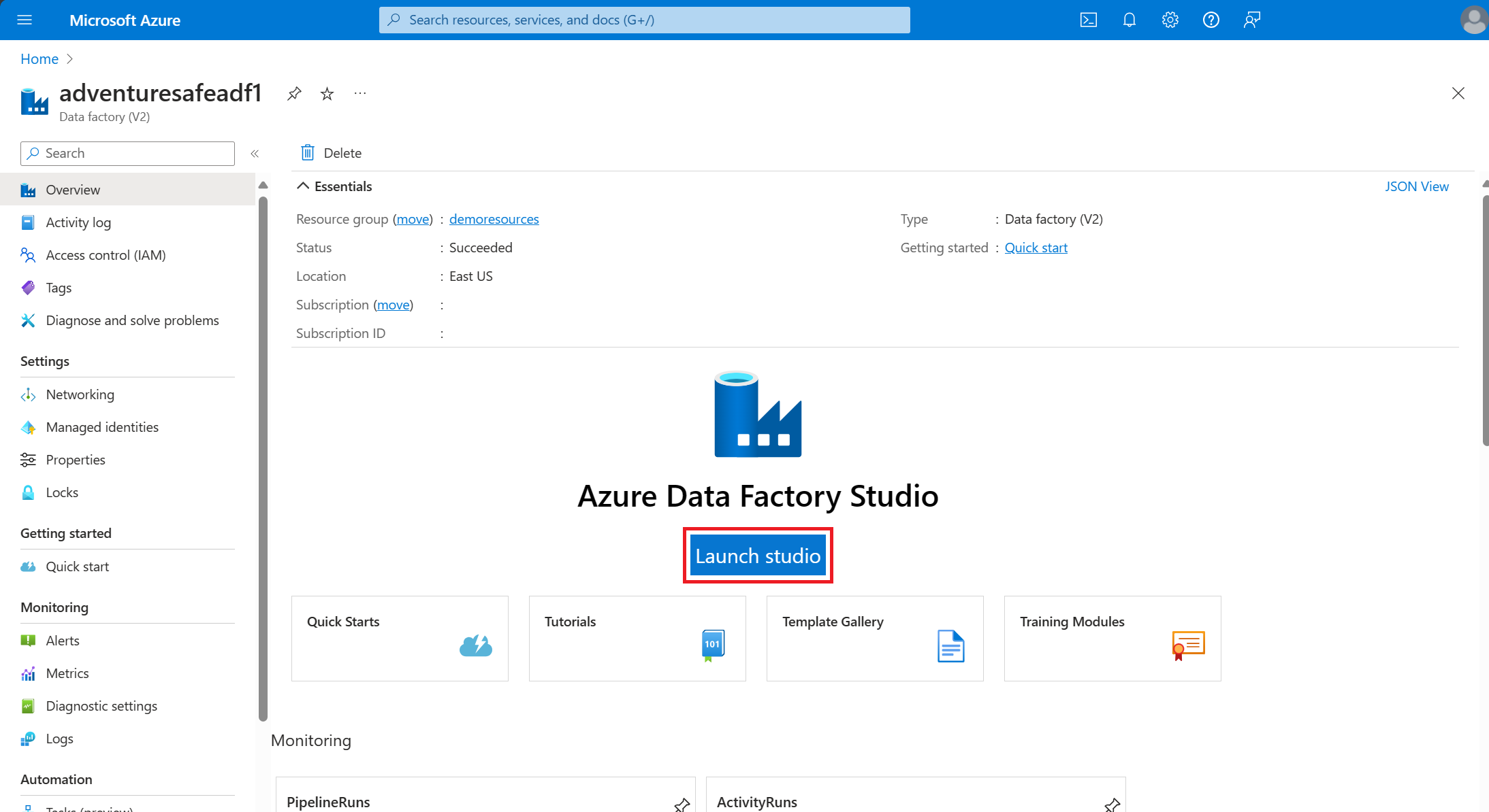 Captura de ecrã a mostrar a iniciação do ADF Studio a partir do portal do Azure.